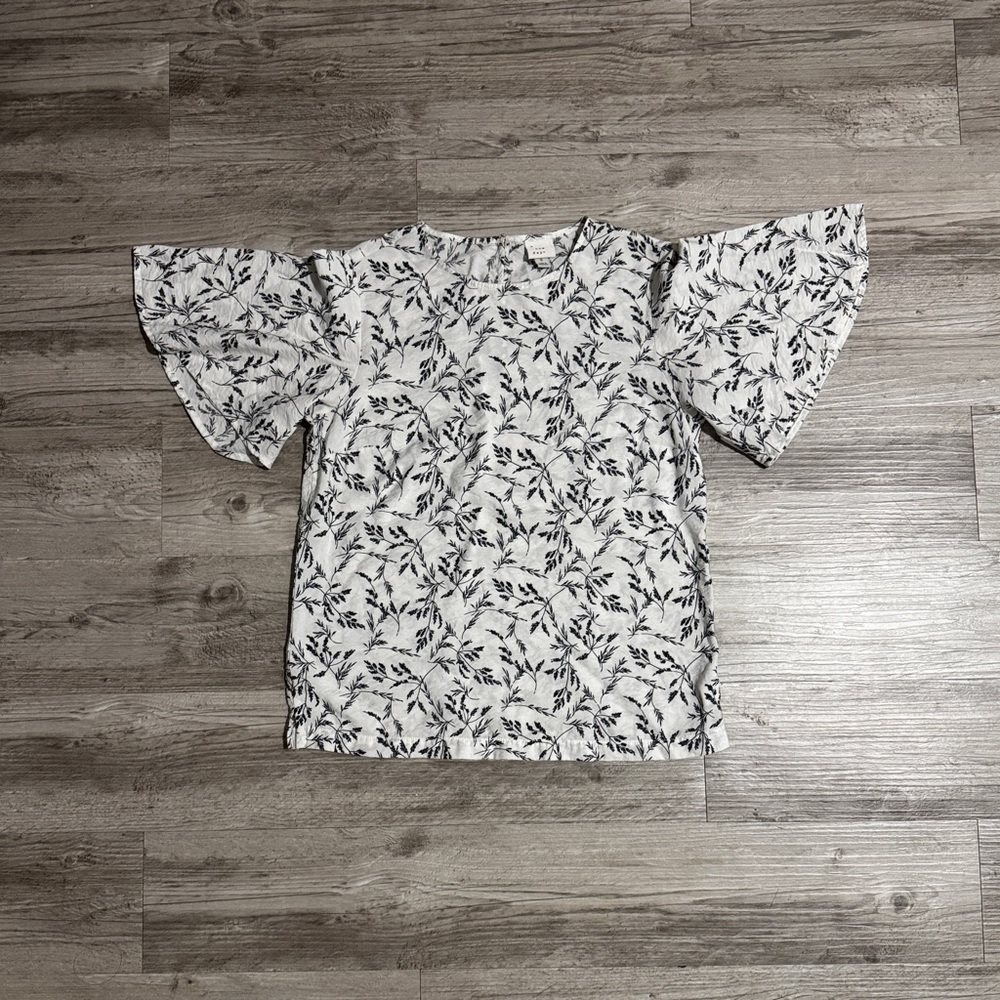 a new day White Blouse with black Leaf Print and Flutter Sleeves